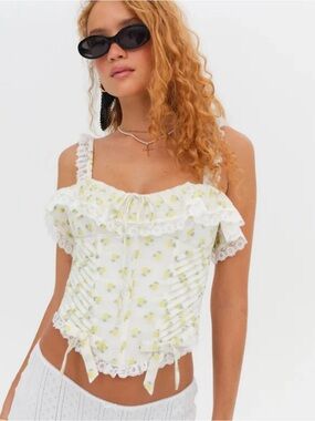 For Love & Lemons Melanie White Corset Top with Yellow Flower Print